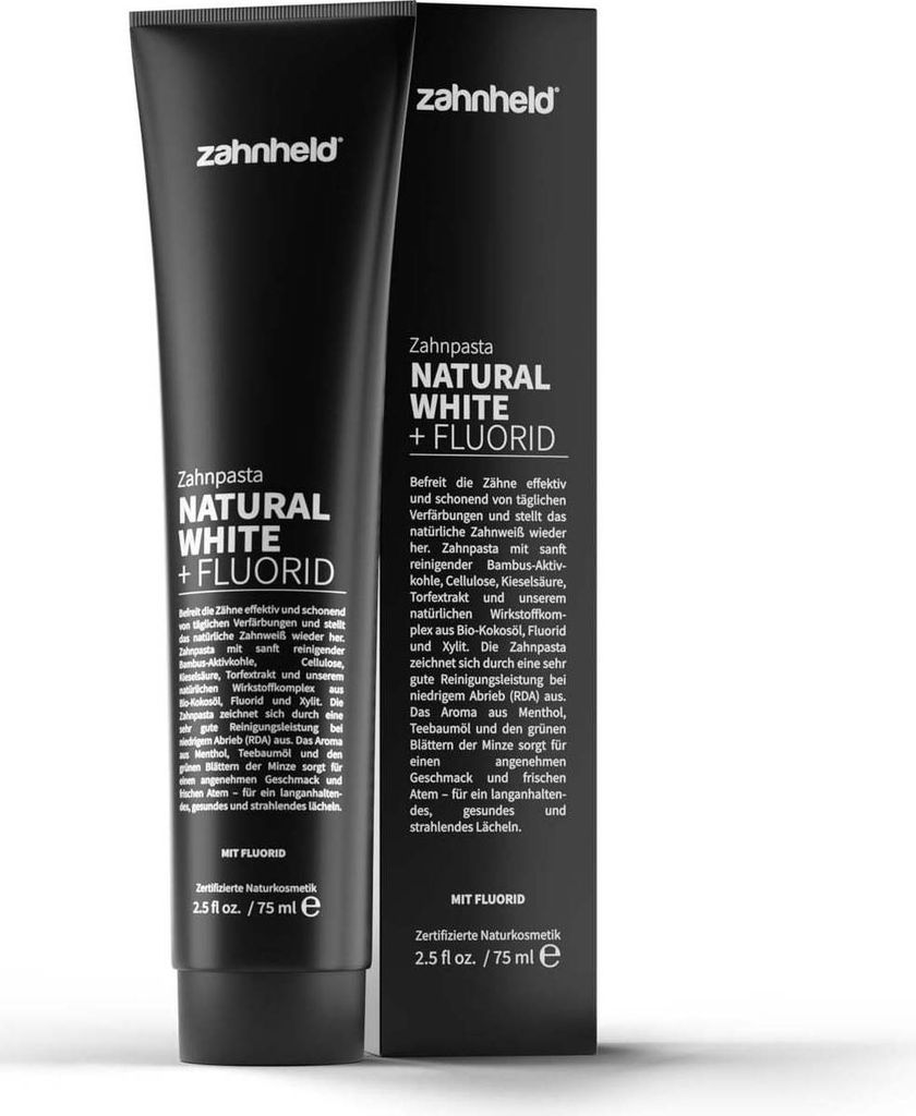 A black tube of toothpaste and its packaging are shown against a white background.
