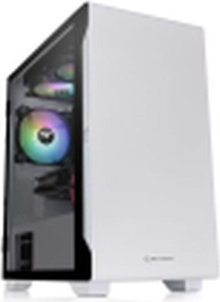 A white computer case with a transparent side panel showing internal components and RGB lighting.