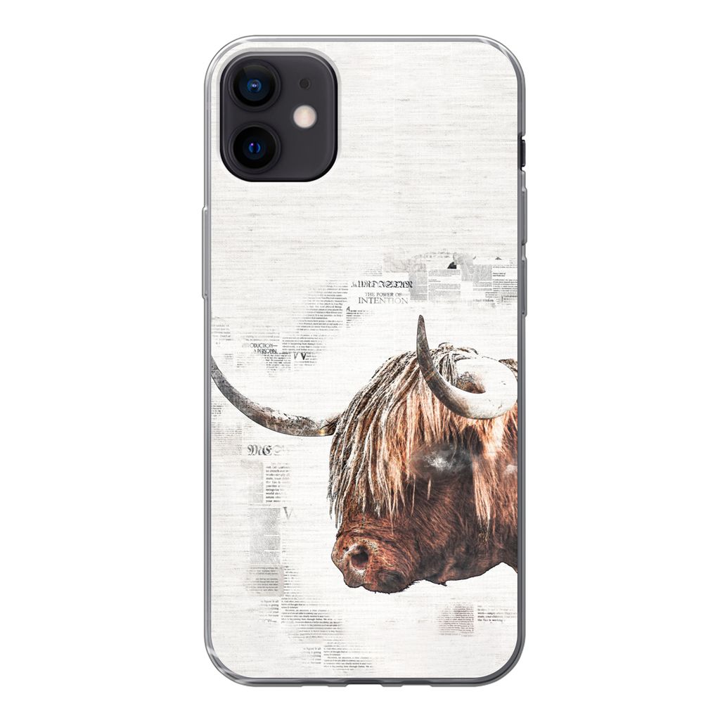 MuchoWow Handyhülle Schutzhülle Hülle für iPhone 12 mini Scottish Highlander - Tiere - Zeitungspapier Silikon Softcase Handy Hülle - Bild
