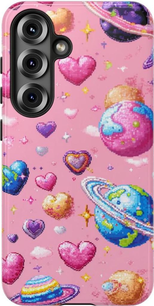 Pixel-Herzen und Planeten – Hülle Kompatibel mit Samsung Galaxy S25