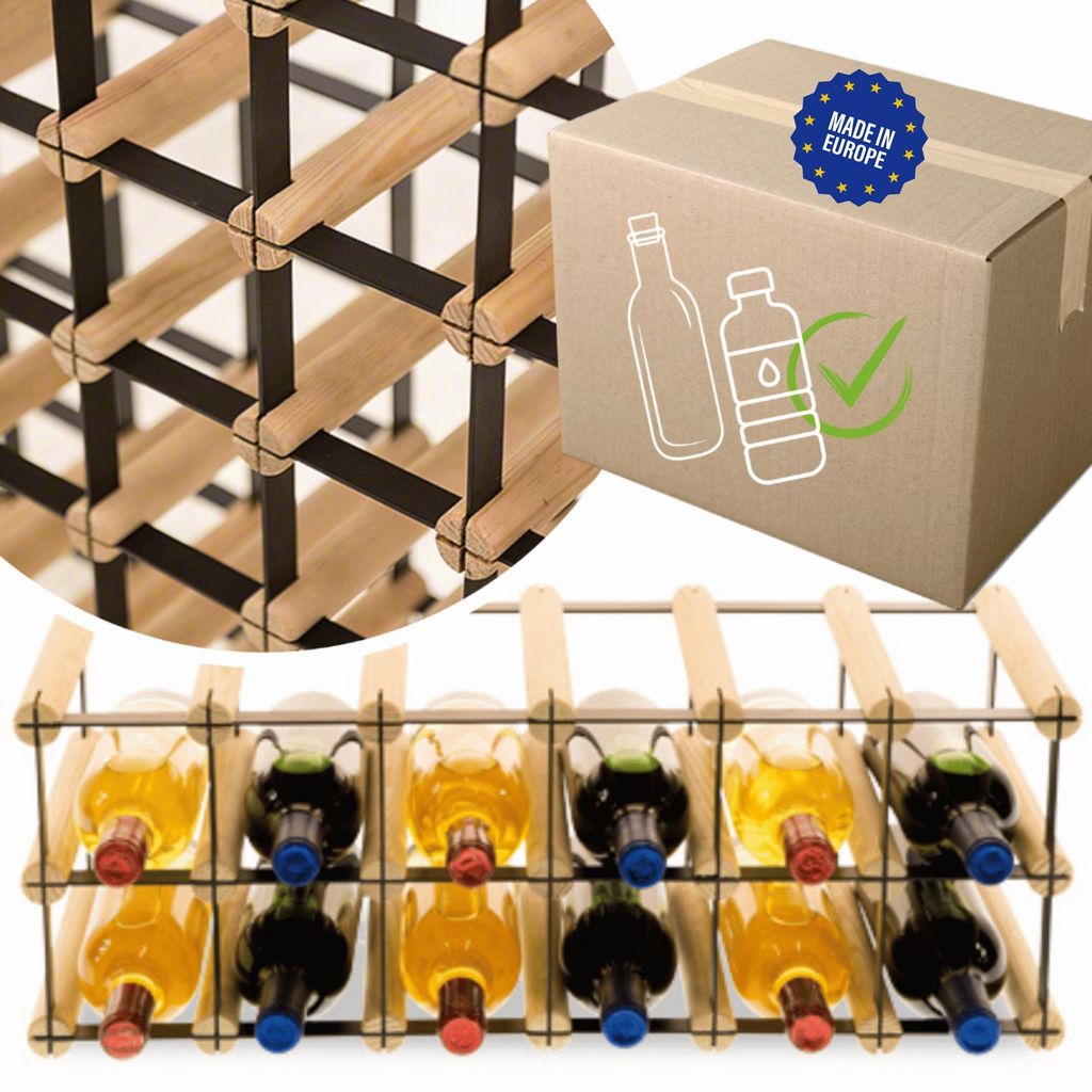MODO24 Weinregal, 12 Flaschen, Flaschenhalter, Weinständer, Erweiterbar, Holz Metall, Industrial Loft, Küche, 22,5x62,5x25 cm, Natur, RW8