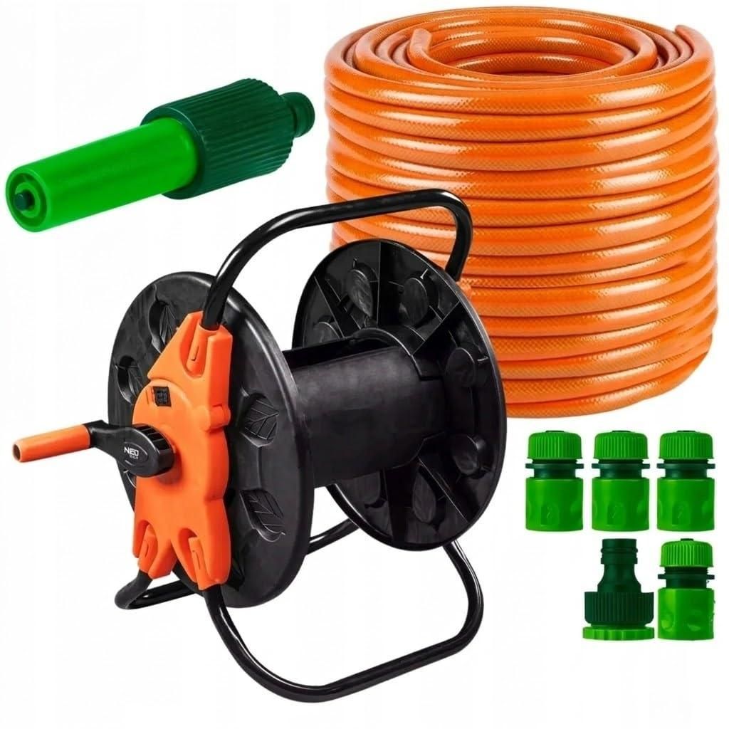 NEO TOOLS Gartenschlauch Set 50m 1/2 Zoll mit Schlauchwagen Spritze und Anschlussarmaturen UV Beständig 4 Lagig