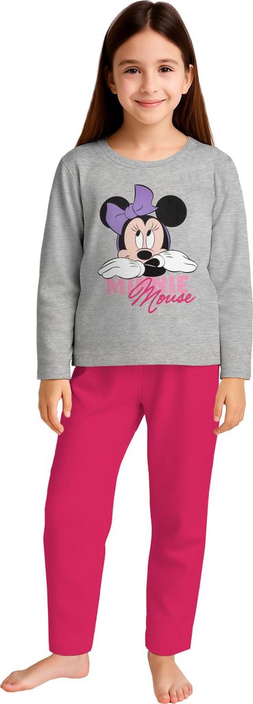 Disney Minnie Mouse Schlafanzug für Mädchen - Kinder Pyjama Set Langarm Oberteil mit Hose Grau/Pink 122-128