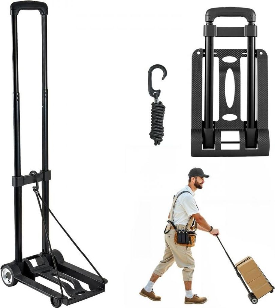 Sackkarre klappbar 50 kg Tragkraft - Transportkarre mit 2 Rädern & 1 elastischem Seil - Rollwagen Allzweck mit Plattform für Flughafen & Büro - ...