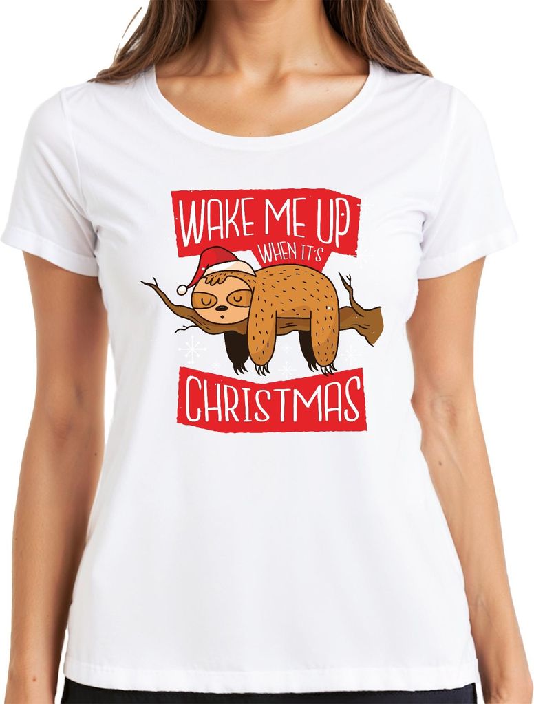 Wake me up when it's christmas Faultier - Weihnachten Weihnachtsgeschenk Christmas Damen T-Shirt, Weiß, L