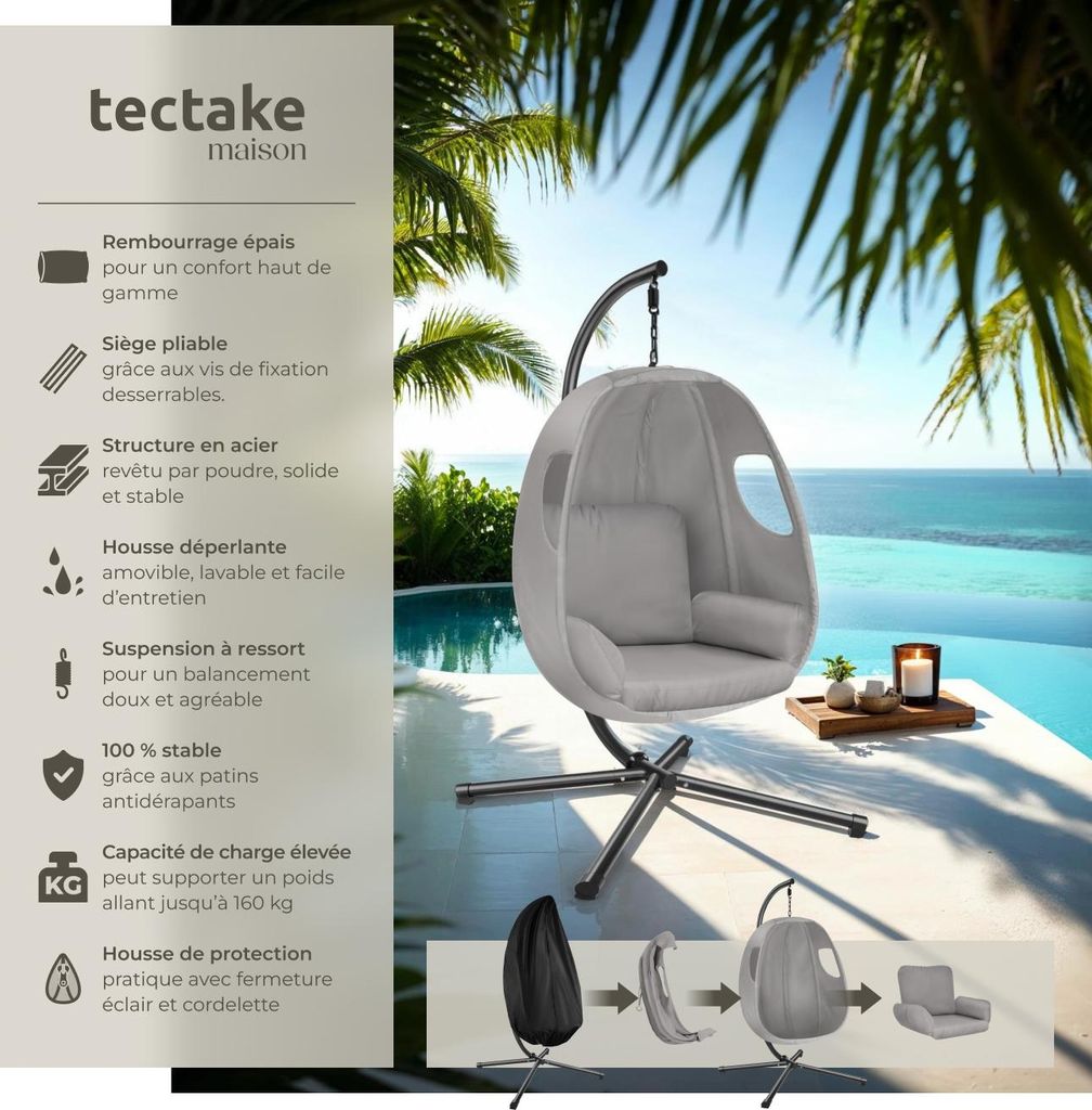 Fauteuil suspendu ANIKA avec cadre et coussin 160kg - gris Image du produit 