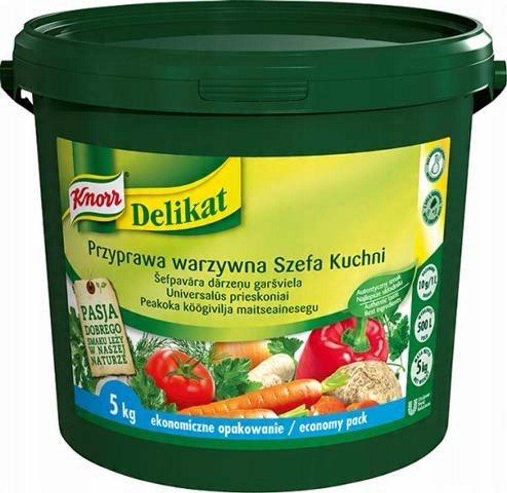 A large green plastic tub of Knorr Delikat vegetable seasoning.