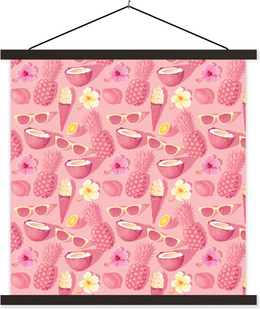 MuchoWow Textilposter Sommer - Rosa - Muster 120x120 cm mit schwarzem Rahmen - Aufhängungsset