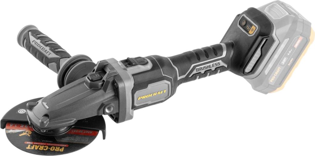 A cordless angle grinder with a battery pack attached, shown against a white background.