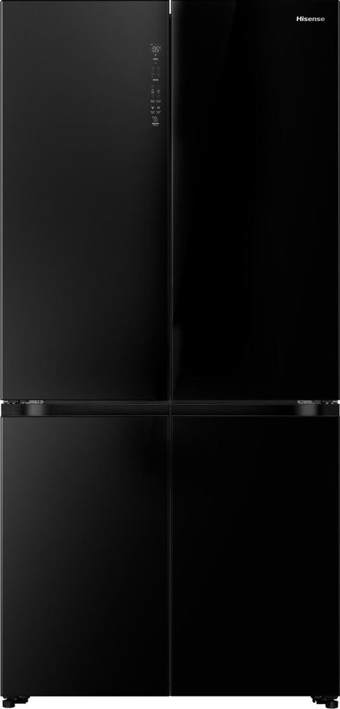 A black Hisense refrigerator is shown from the front against a white background.