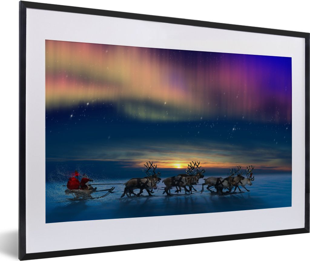 MuchoWow MuchoWow Gerahmtes Poster Nordlichter - Weihnachtsmann - Schlitten - Elch 60x40 cm - Poster mit zchwarzem Bilderrahmen - Schlafzimmer ...