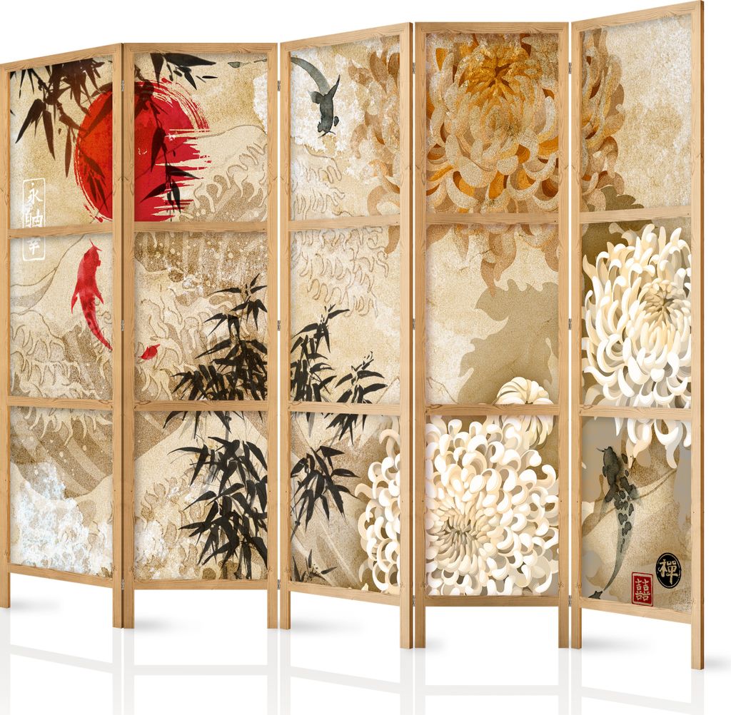 Paravent XXL 225x171 cm 5-teilig einseitig eleganter Sichtschutz Raumteiler Trennwand Raumtrenner Holz Design Motiv Deko Home Office Natur Japanisc...