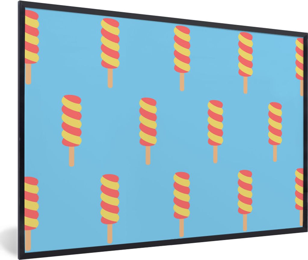 MuchoWow MuchoWow Gerahmtes Poster Eiscreme - Muster - Blau - Gelb 30x20 cm - Poster mit zchwarzem Bilderrahmen - Kunstdruck - Bild-Poster