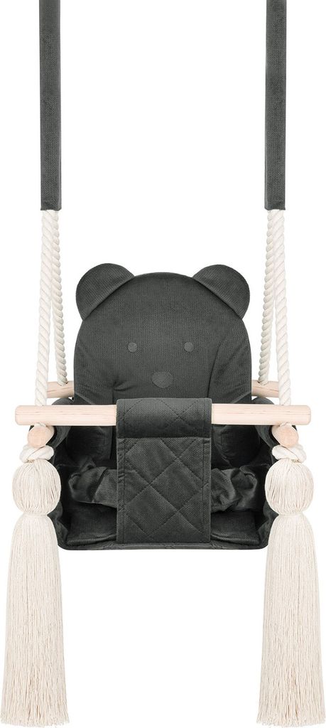 Indoor-Babyschaukel von Guguplanet Dunkelgrau: Mit Sicherheitsgurten, Teddybär-Design, Holzrahmen, Anpassbares Seil, Einfach zu montieren
