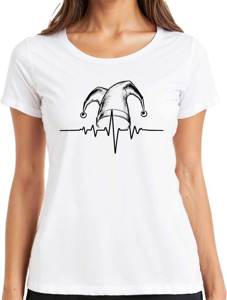 Narrenkappe Herzschlag EKG Karneval Clown Kardiologie Retro Damen T-Shirt, Weiß, M