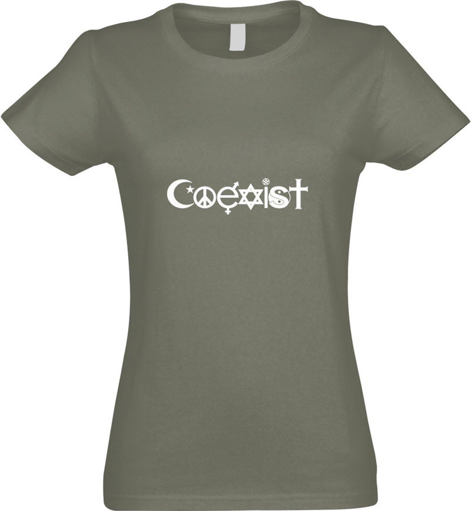Kiwistar - T-Shirt tailliert - Damen - Olive - Coexist Symbole - mit Motiv Bedruckt - Funshirt Design - Sport - Freizeit - Damen - S