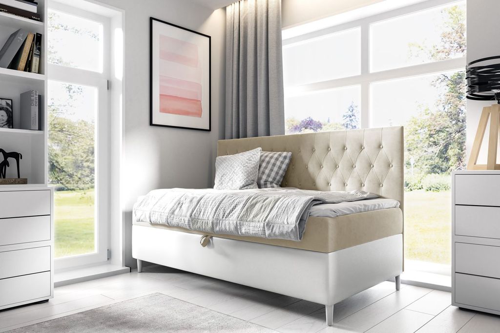 Kontinentales Bett 100x200 KAILI 2 – beige/weiß, Öffnung rechts + GRATIS Matratzenauflage