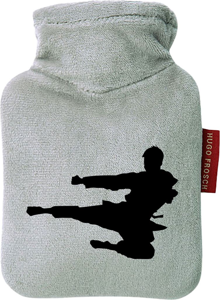 Huuraa Mini-Wärmflasche Karate Silhouette 0,2 Liter Grey Mini Veloursbezug Taschenwärmer Geschenkidee