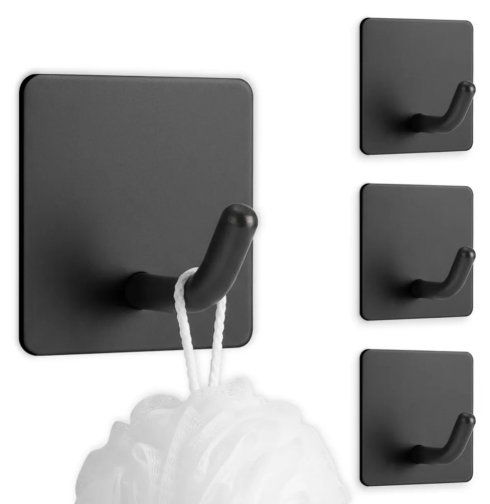 4 Crochets Serviettes sans Perçage en Acier Inox Noir Mat - Max 5kg