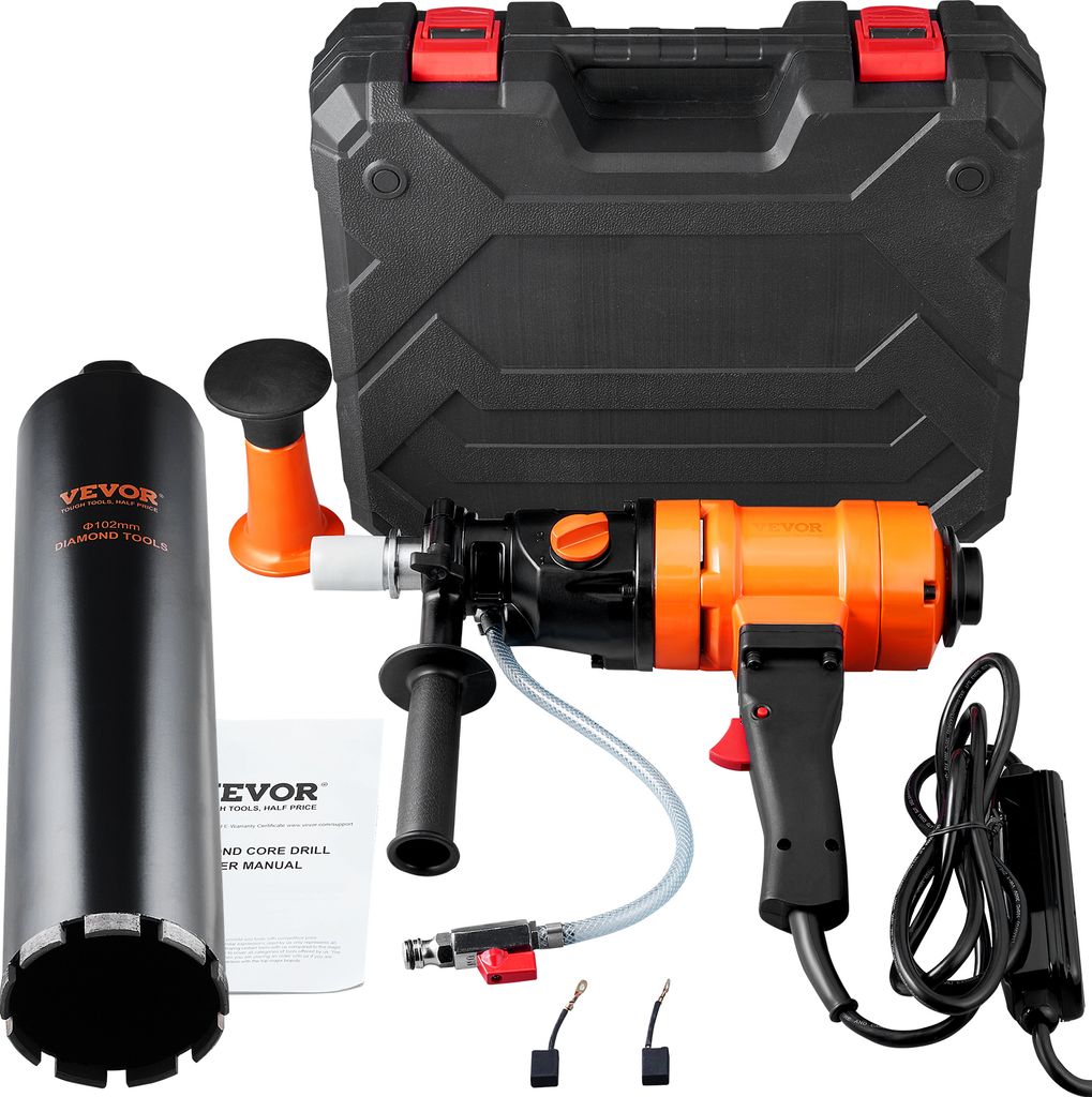A diamond core drill machine and its accessories are laid out on a white background, with a black carrying case in the background.