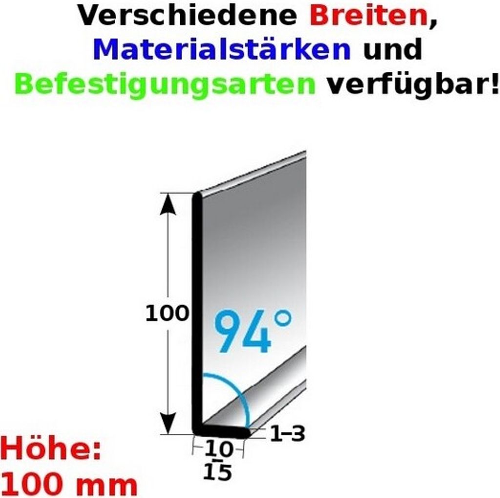 Sockelleiste | Edelstahl | Silber | Breite 10 mm | Höhe 100 mm | Länge 2500 mm | Materialstärke 1 mm | Gebohrt | Fußleiste | 1 Stück
