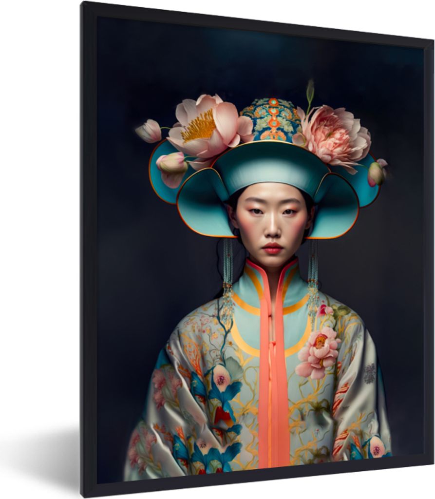 MuchoWow Gerahmtes Poster Frauen - Asiatisch - Porträt - Kleidung - Blumen 30x40 cm - Poster mit Schwarzem Bilderrahmen Wandposter Rahmen Foto B...