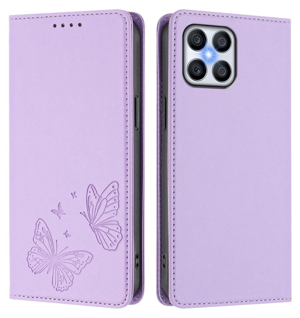 Lederhülle für Honor X8 4G, Schmetterling Prägung Leder Brieftasche Schutzhülle mit Ständer Violett