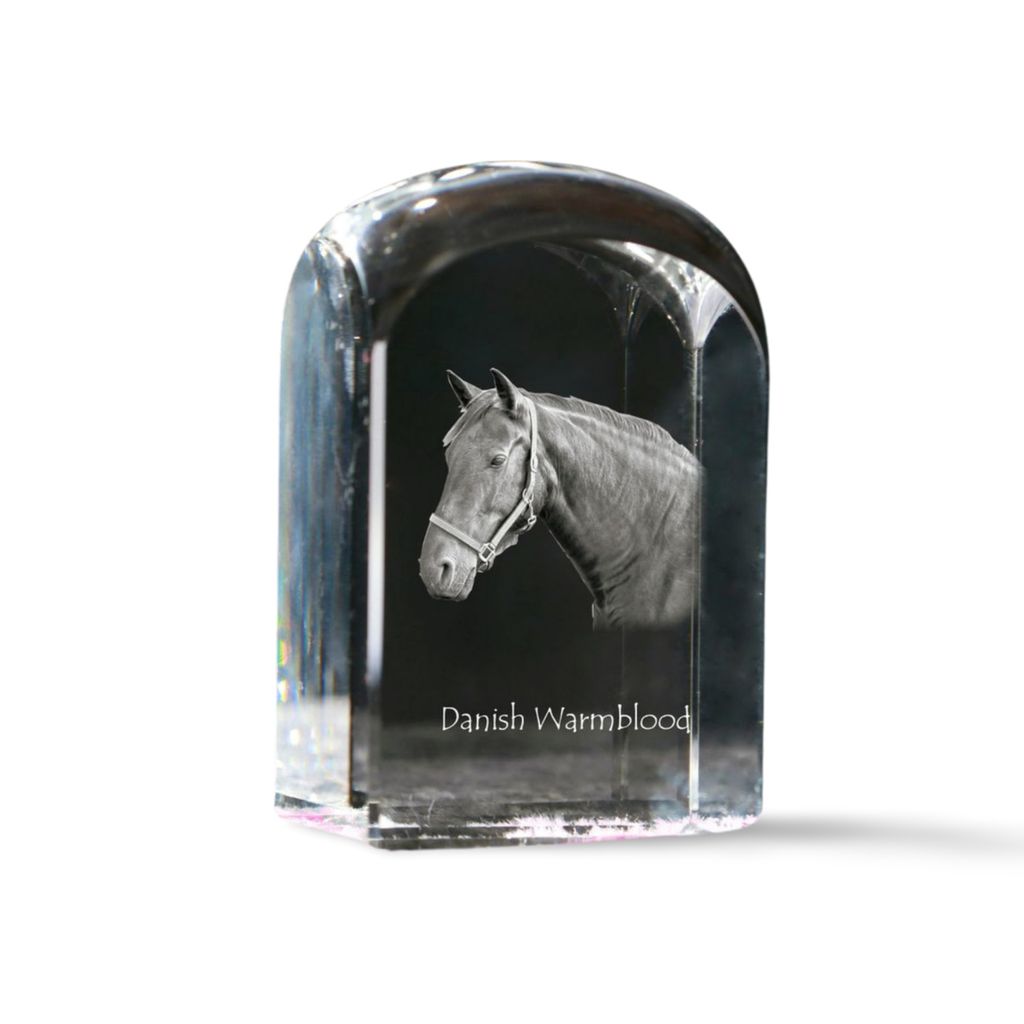 Dänisches Warmblut - Kristallwürfel mit Bild, Pferdebild im Kristall, sechseckiger Papierclip der Marke Art-Dog