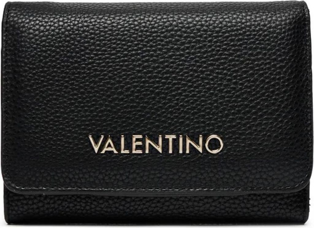 A black Valentino wallet with the brand name embossed in silver.