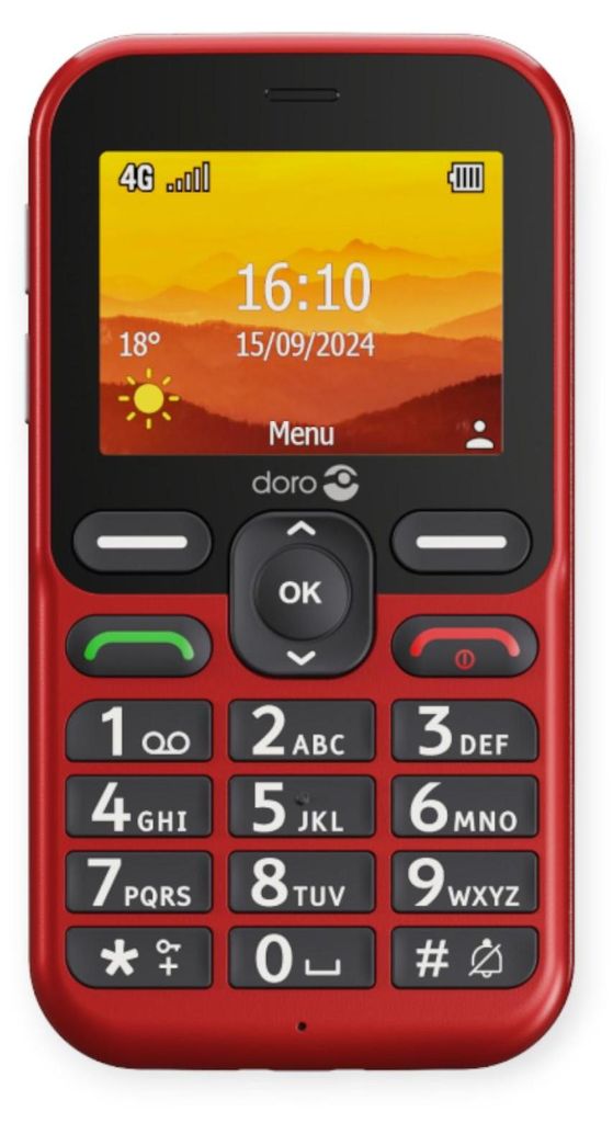 A red Doro Leva L10 mobile phone is shown against a black background.