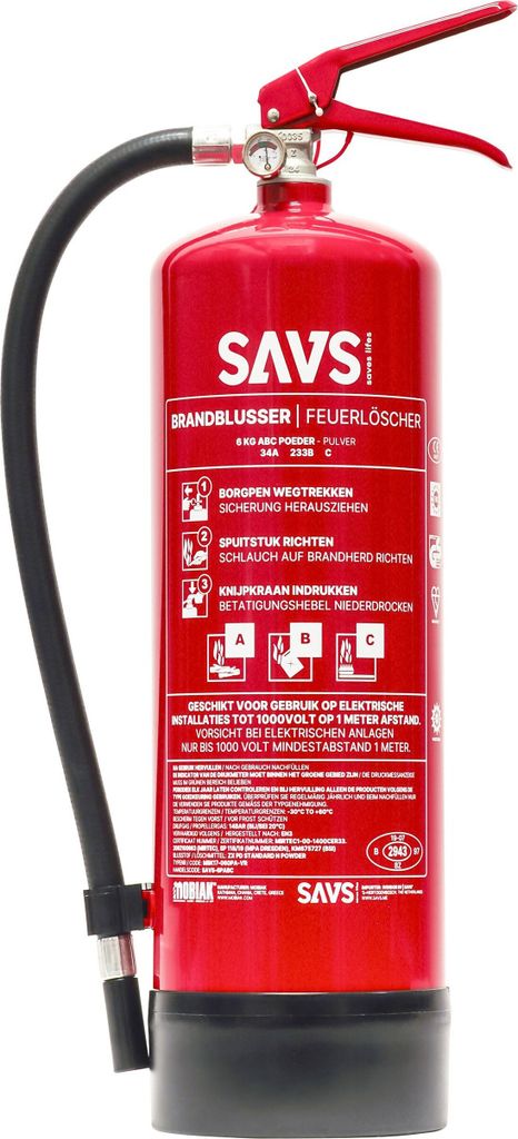 SAVS Feuerlöscher Pulver 6 kg - 34A 233B C - Mit Halterung - Pulverlöscher