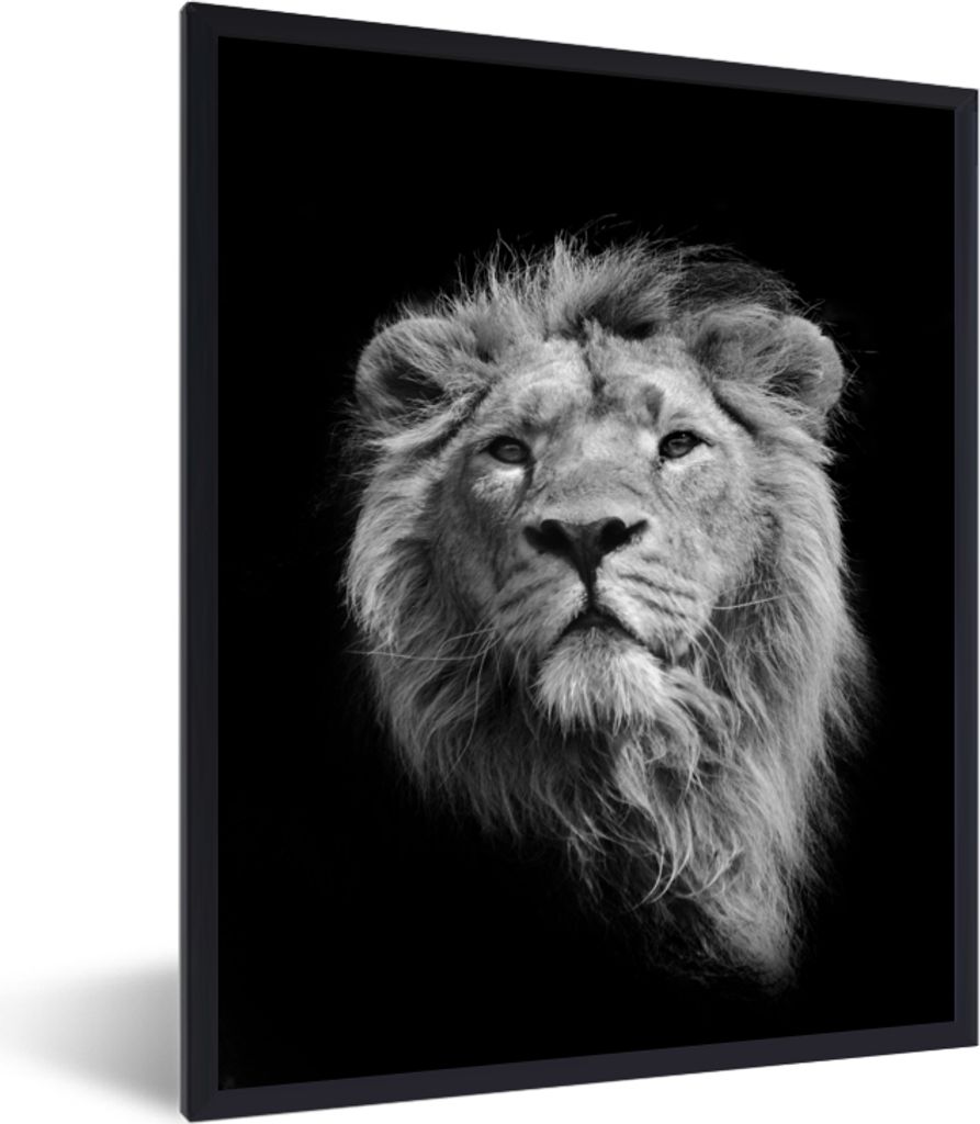 MuchoWow MuchoWow Gerahmtes Poster Löwe - Porträt - Schwarz - Weiß 60x80 cm - Poster mit zchwarzem Bilderrahmen - Premium - Wanddeko Wohnzimmer