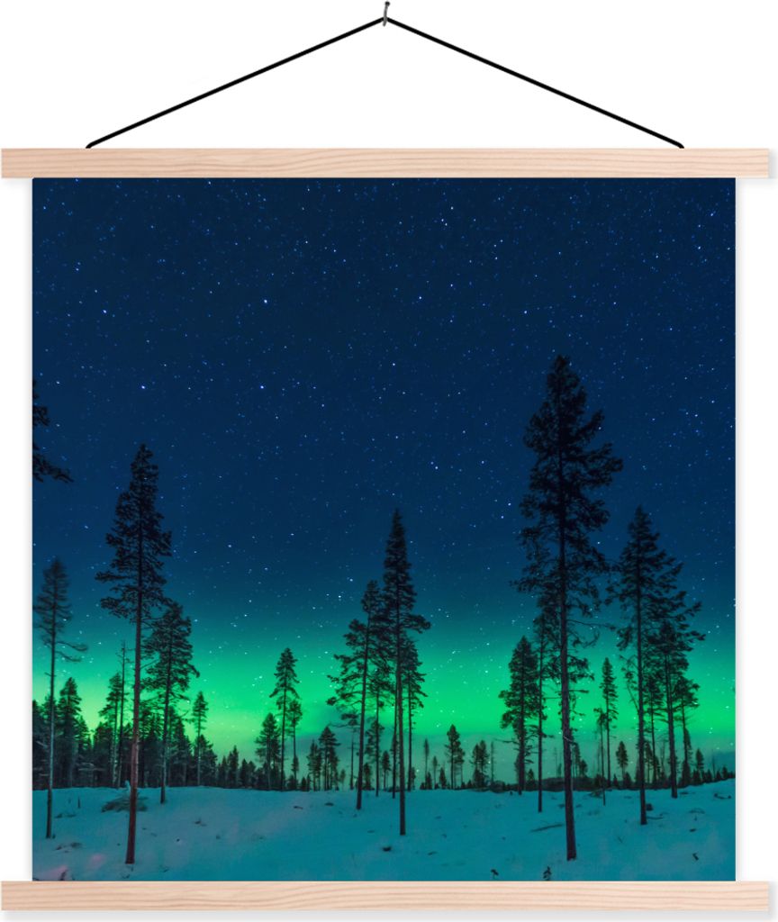 MuchoWow Textilposter Nordlicht - Schnee - Bäume - Natur - Grün 60x60 cm mit holzfarbenen Rahmen - Wanddekoration
