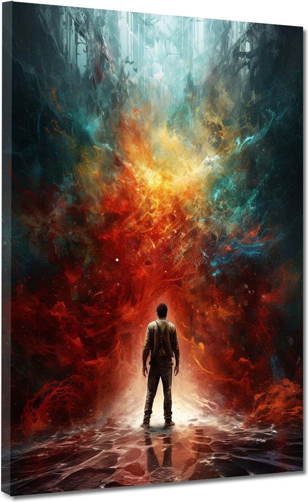 Bildertrends24 Mann vor Feuerwand Leinwandbild Wandbild Kunstdruck XL abstrakt: 75x100x2cm