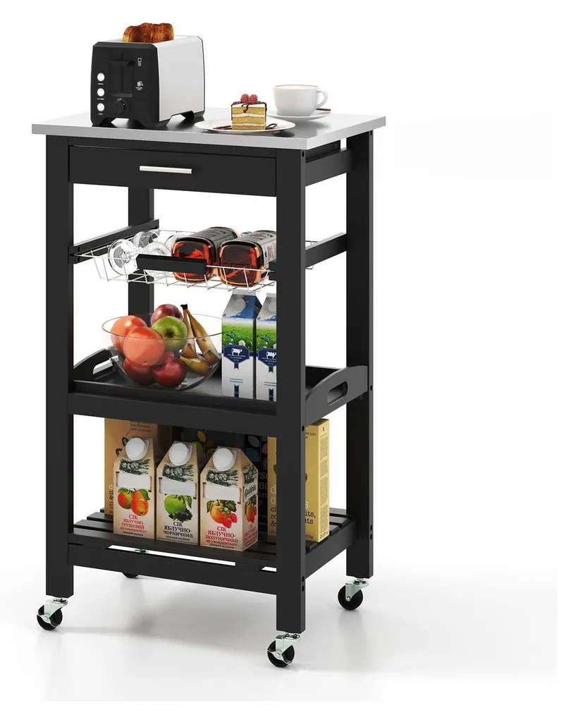 Petit Chariot de Service Noir avec Plan Inox et Tiroir de Rangement 85cm