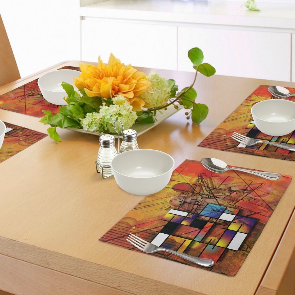 ABAKUHAUS Modern Platzmatten, Geometrische Stil Ungewöhnliche Figuren mit Linien und Kreisen Dreiecke und Quadrate Bild, Tiscjdeco aus Farbfesten ...