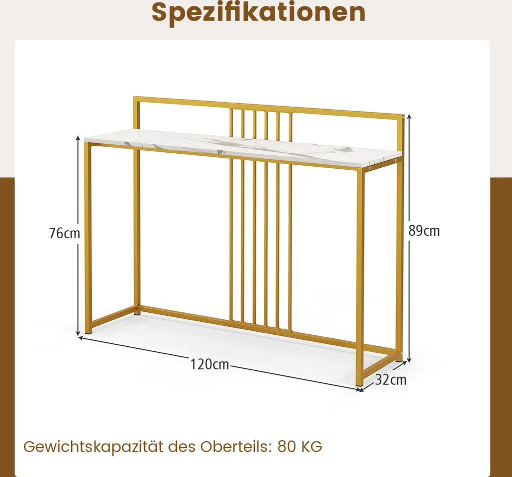 COSTWAY Consolle Marmo e Oro 120cm - Tavolo Ingresso Moderno Design - 7