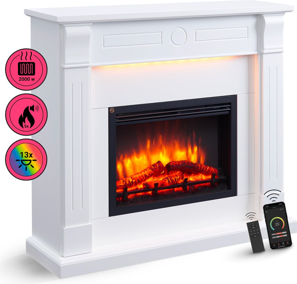 BALDERIA Elektrokamin Hikaru | Standkamin, 3D-Flammeneffekt, Ambientebeleuchtung, Heizung 2000W, App, Knistereffekt, Timer, Thermostat | Weiss