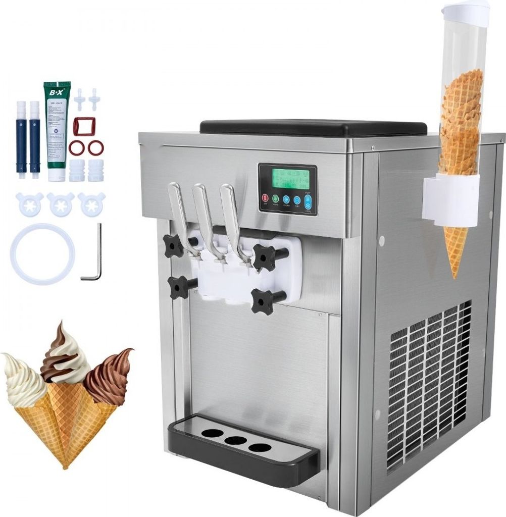 Kommerzielle Eismaschine - Leistungsstark 1800 W - 3 Geschmacksrichtungen - Softeismaschine Arbeitsplatte - 2 x 4 L Trichter - 2 x 1,8 L Zylinder -...