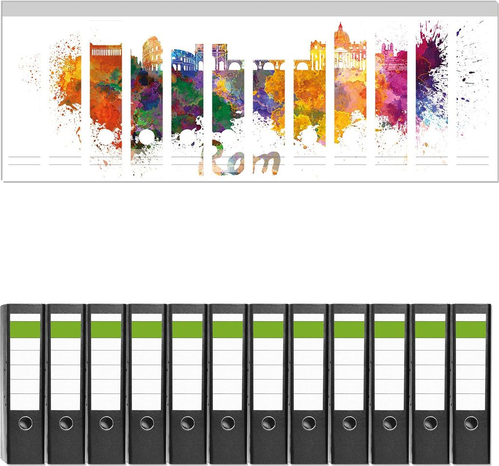 Wallario 12 Stück breite Ordner inkl. Klebeetiketten mit Motive Städte als Aquarell - Skyline von Rom - Set mit Rückenschildern / Ordnerrücken...