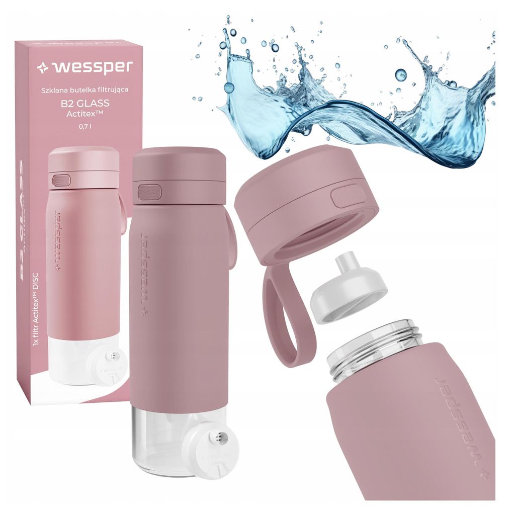 Glasflasche Wessper 700ml, Silikonhülle Wasserfilter Verschluss BPA-frei, rosa