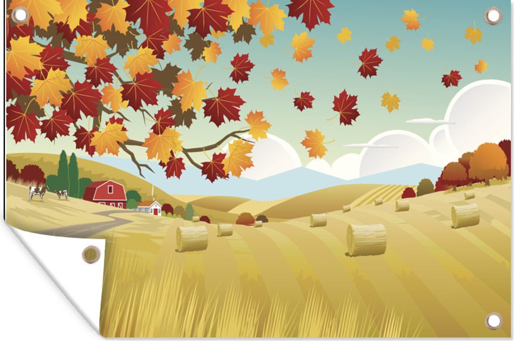 MuchoWow 90x60 cm Outdoor-Poster Gartendeko Sichtschutz Garten Poster für den Garten Eine herbstliche Illustration eines Feldes voller Heuballen