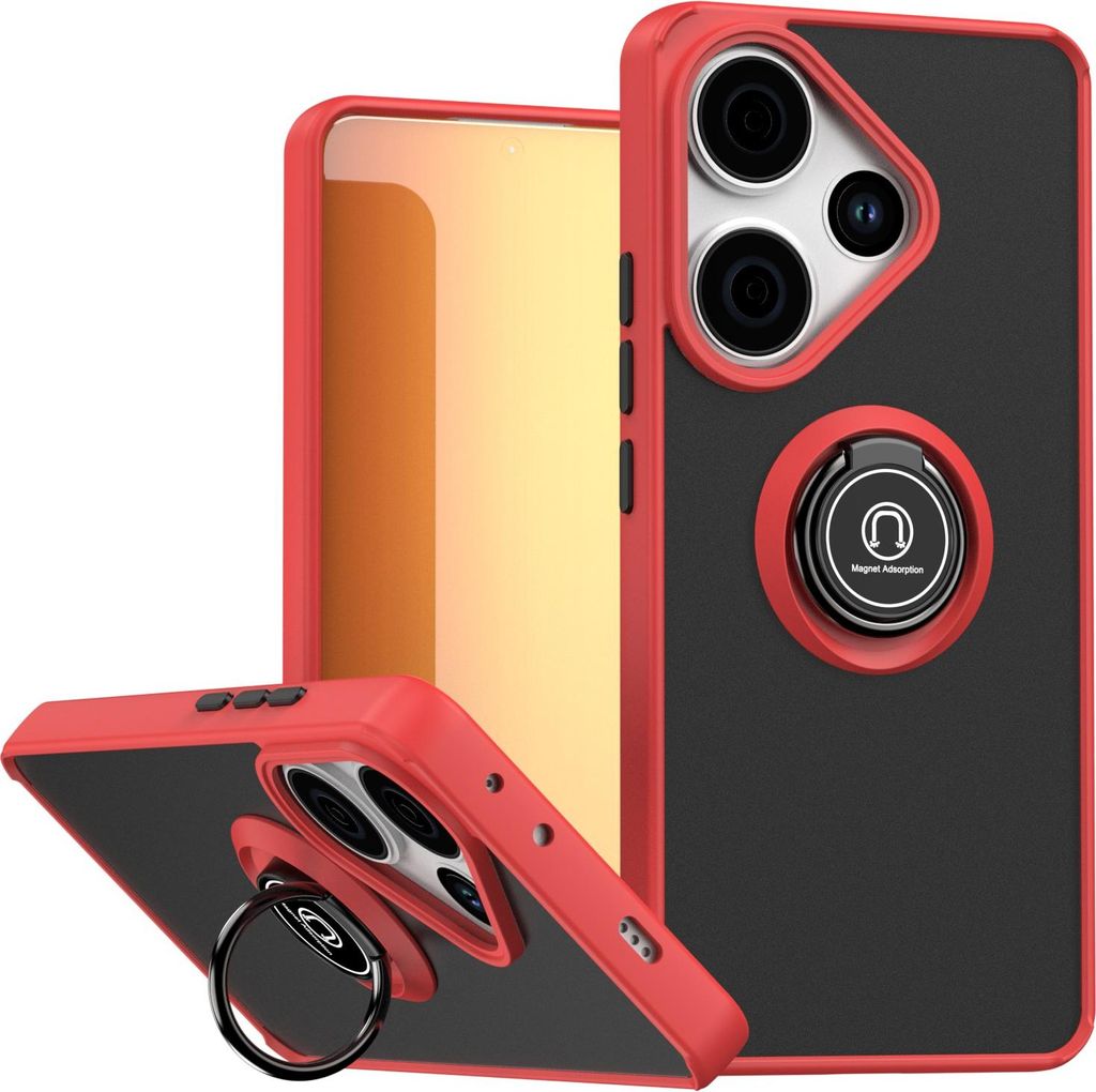Hülle für Xiaomi Poco F6/Redmi Turbo 3 Matte Transluzent TPU Stoßfest Schutzhülle mit Ring Halter Ständer Rot