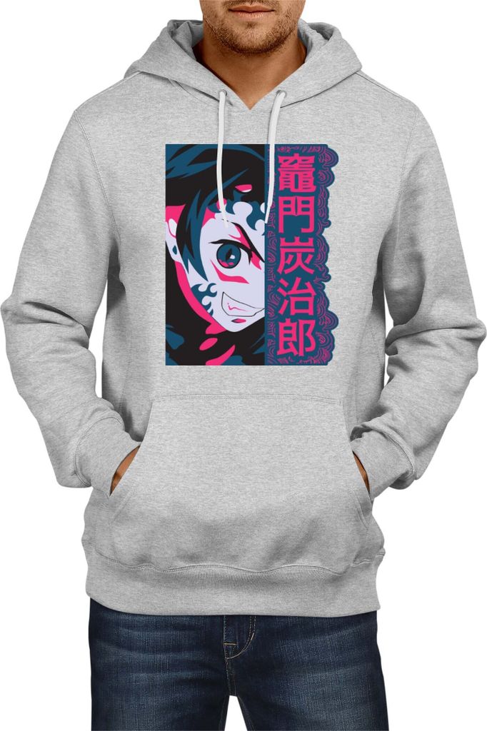 Herren Kapuzenpullover Demon Anime Slayer Kimetsu No Yaiba Tanjiro Demon Face, Man 2XL / Grau