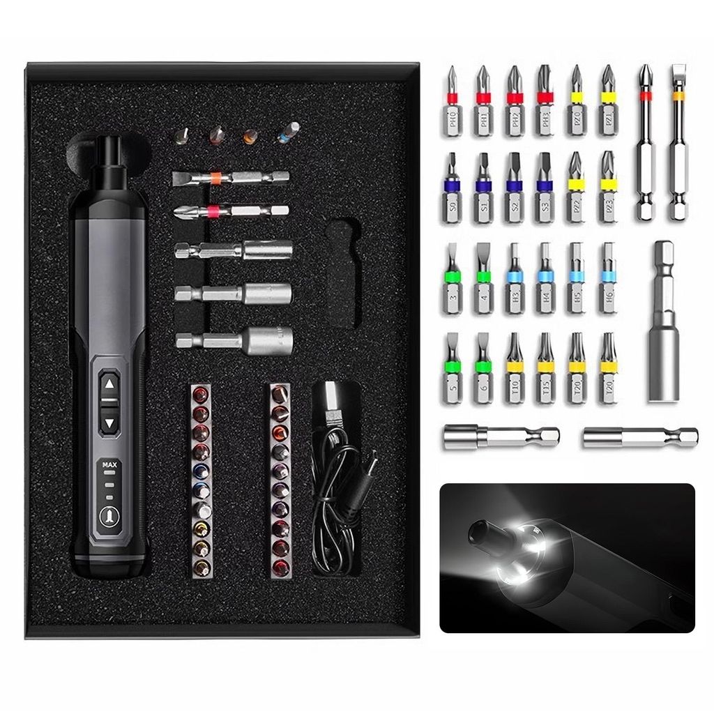 A black foam-lined box containing a cordless screwdriver set with various bits and accessories.