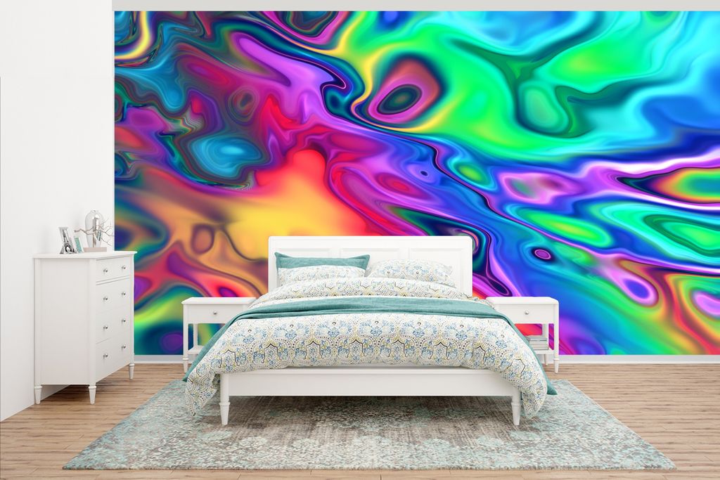 MuchoWow Fototapete für Wohnzimmer oder Schlafzimmer Wandtapete Vinyl Motivtapete Abstrakter Regenbogen in Neonfarben - 465x260 cm - Hintergrund...