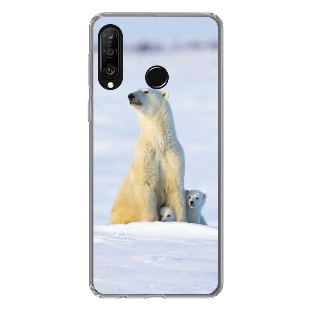 MuchoWow Handyhülle Schutzhülle Hülle für Huawei P30 Lite Eisbär - Schnee - Jungtiere Silikon Softcase Handy Hülle - Handyhülle