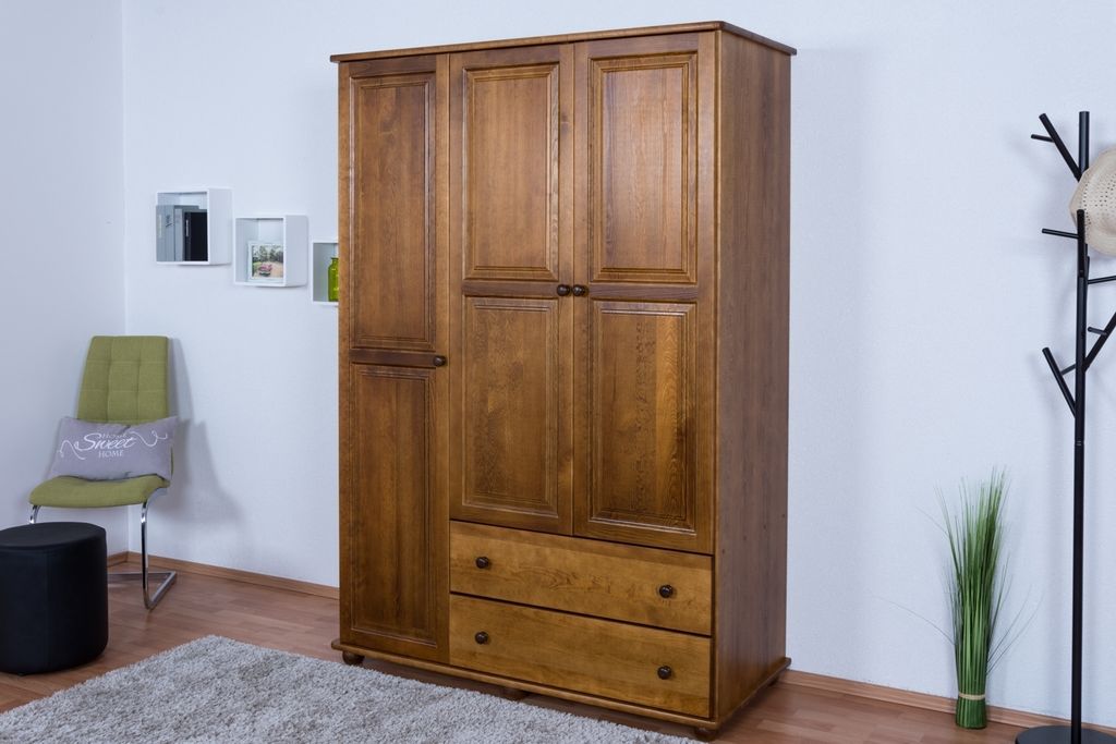 Schlafzimmer- Kleiderschrank, Kiefer Vollholz massiv Eichefarben Rustikal - 195 x 135 x 59 cm (H x B x T)