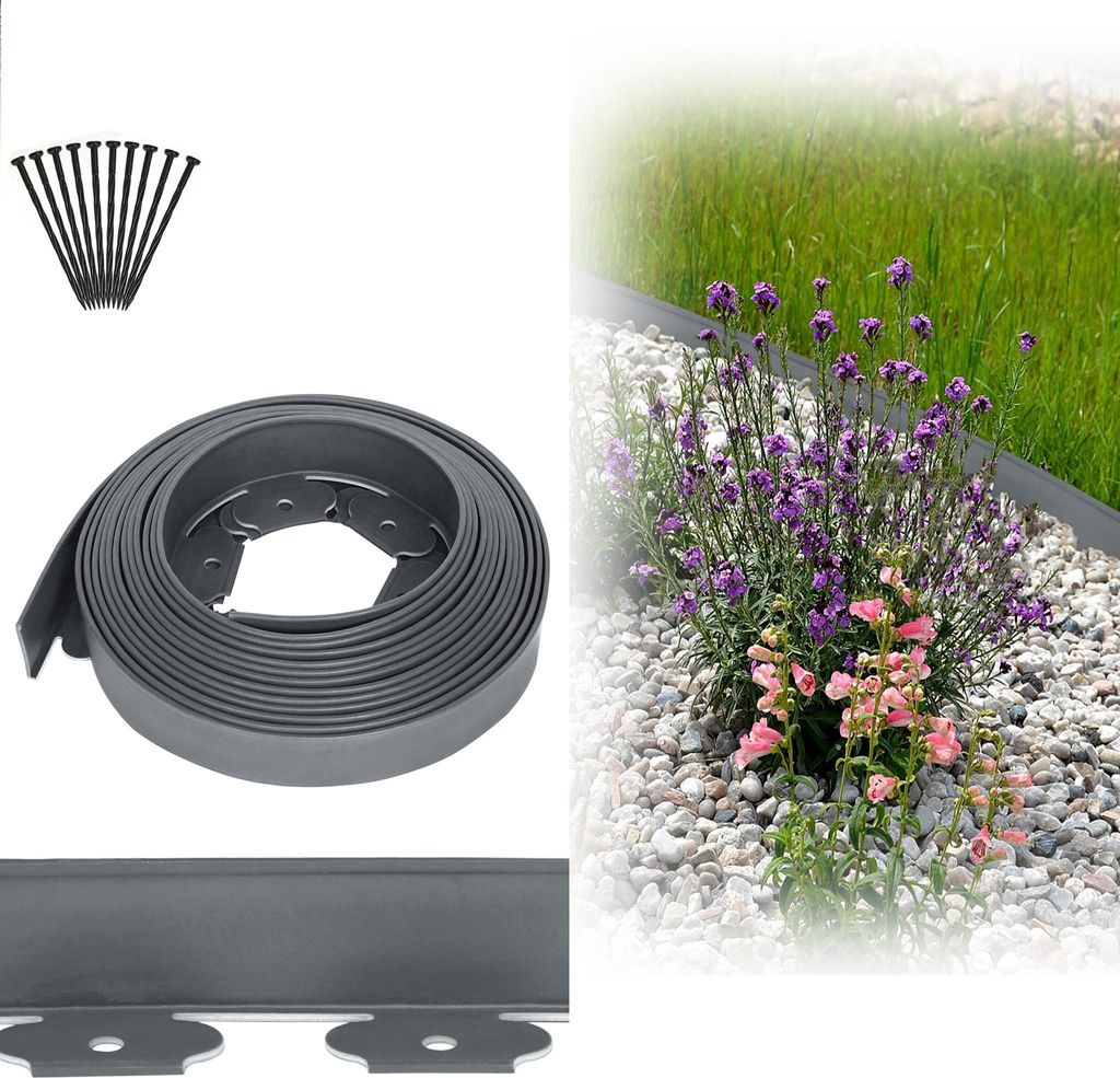 XINZI Beeteinfassung blumenbeet Umrandung Flexible Rasenkante Kunststoff 10m, mit 30 Befestigungsheringen, Grau