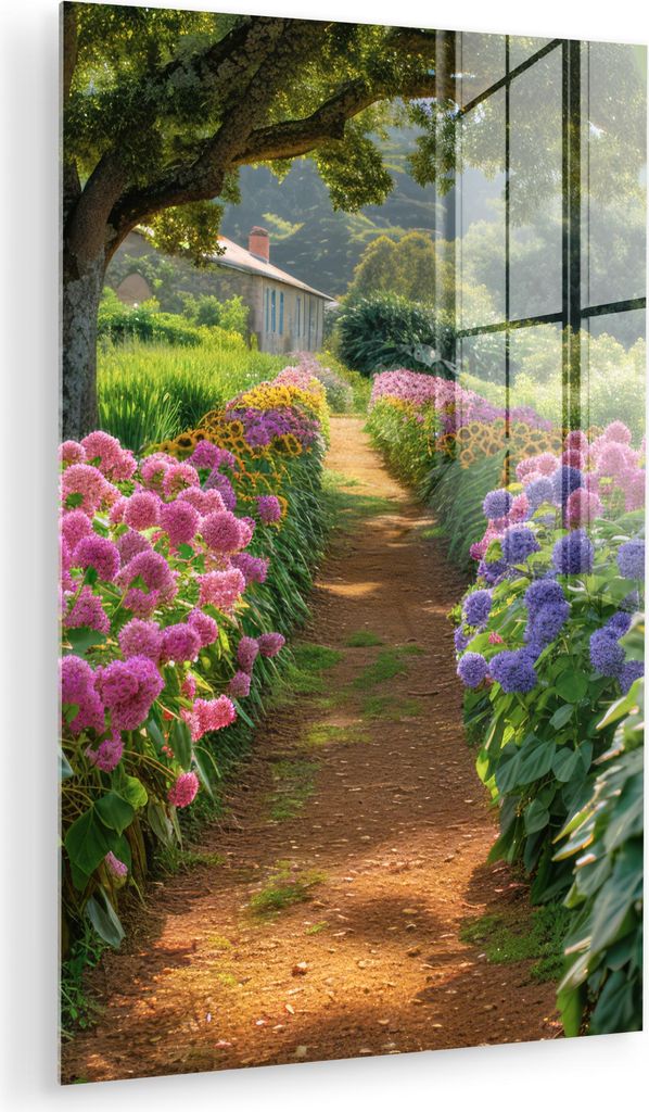 MuchoWow Glasbilder - Bilder auf Wandbild - Foto auf Glas Blumen - Weg - Sonnenblumen - Garten - Hortensie 80x120 cm Wanddekoration aus Glas - Acry...